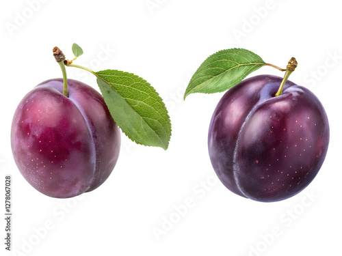Plum fruits, a Set of fruits with leave collections isolated