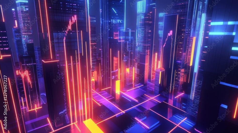Corporate finance district with sleek skyscrapers and a glowing stock market analysis interface. Corporate finance district with sleek skyscrapers and a glowing stock market analysis interface.