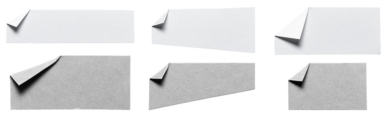Collection set of many isolated cut out blank white gray paper notes with folded corner dog-ear earmark and copy space for text, transparent png background design elements
