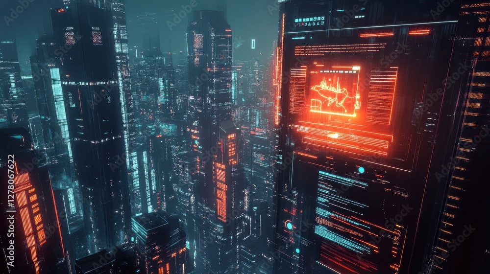 Obraz premium Corporate finance district with sleek skyscrapers and a glowing stock market analysis interface.