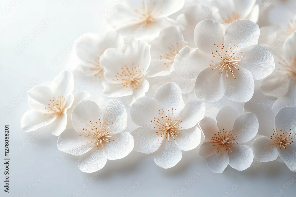 Elegantly arranged soft white flowers on a pale surface, perfect for wedding invitations, serene designs, or spring-themed marketing materials. Elegantly arranged soft white flowers on a pale surface, perfect for wedding invitations, serene designs, or spring-themed marketing materials.