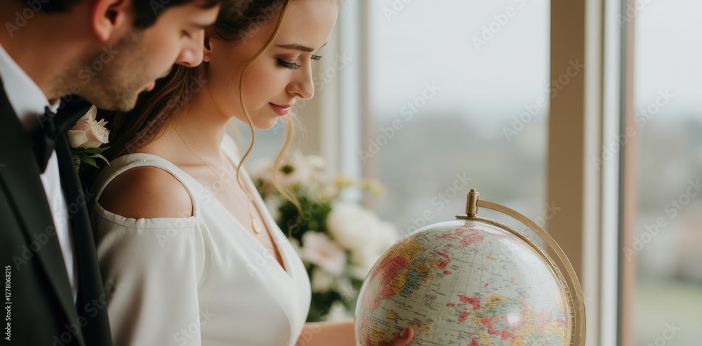 Naklejka premium A Couple of Newlyweds Excitedly Explore a Globe Together, Marking Places They Aspire to Visit
