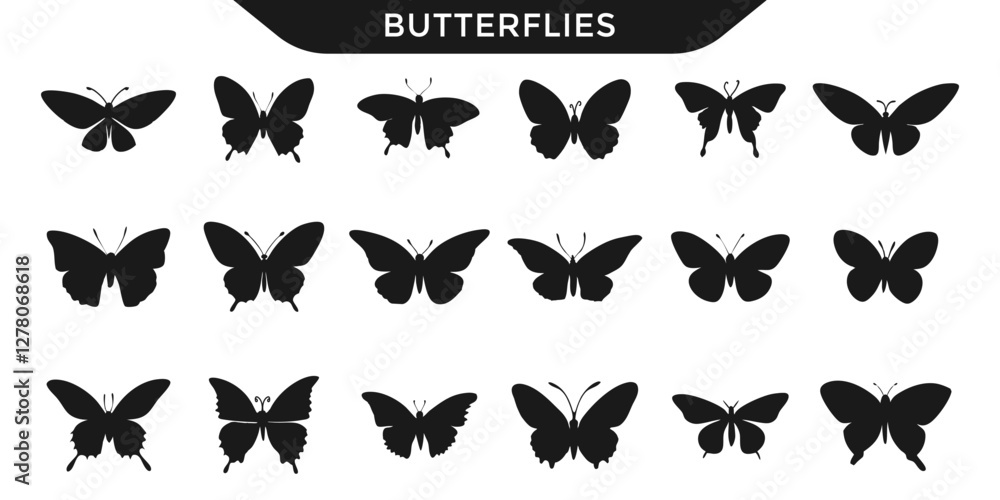 Obraz premium Vector illustration of various butterfly silhouettes in different shapes and sizes, perfect for design projects, educational materials, and nature-themed artwork.