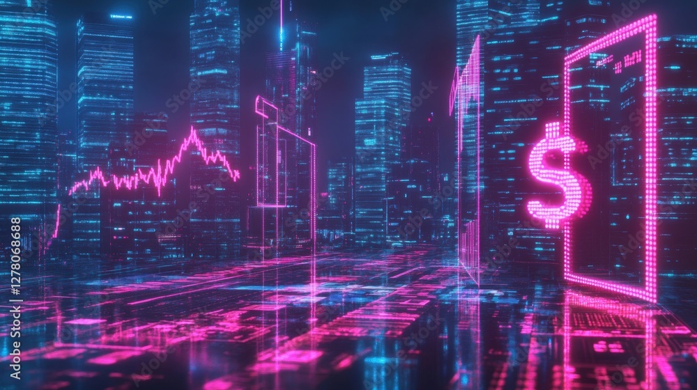 Fototapeta premium Digital economy concept with glowing financial data, currency symbols, and market analysis graphs.