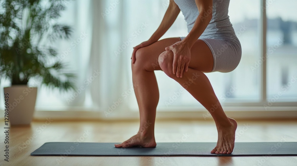 Fototapeta premium Knee exercises on a yoga mat in a spacious minimalist room. Featuring flexibility and recovery