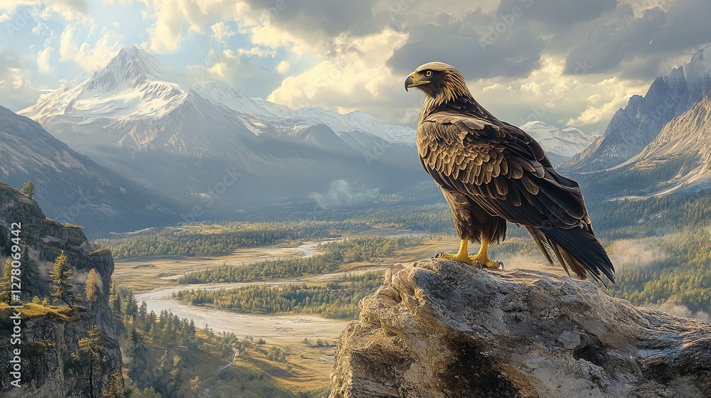 Fototapeta premium Golden eagle perched on a rugged cliff overlooking a valley 