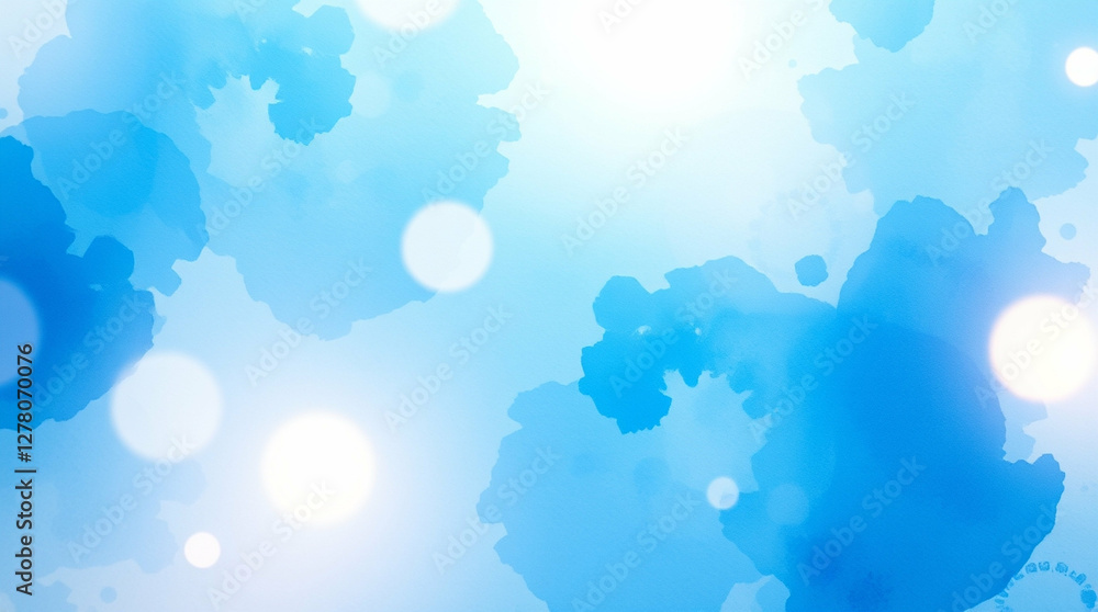 Soft watercolor blots in ethereal blue hues with luminous bokeh orbs Soft watercolor blots in ethereal blue hues with luminous bokeh orbs