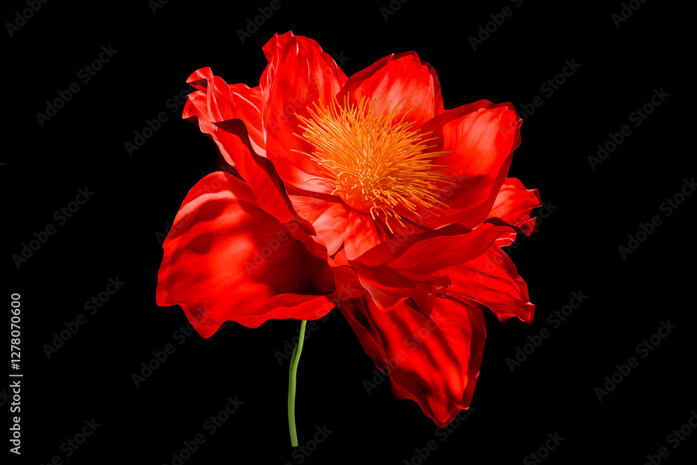 Naklejka premium Red flower with vibrant petals and yellow center on black background, realistic 3d illustration, close-up, botanical illustration, nature, floral design, vivid colors, high quality