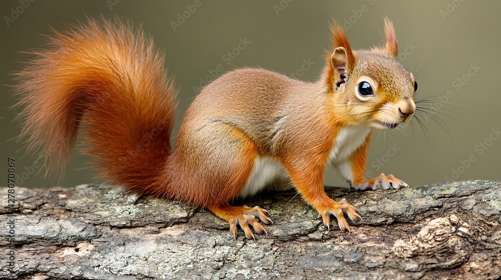 Obraz premium Red Squirrel on Branch, Forest Background