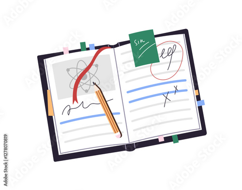 Open paper textbook and pencil to do homework. Notebook, book with notes on pages for learning, preparing for tests, exams. School stationery. Flat isolated vector illustration on white background