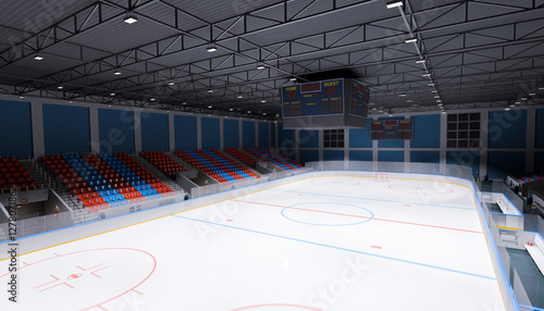 Photography Ice hockey rink with empty seats scoreboard bright lights modern indoor arena re