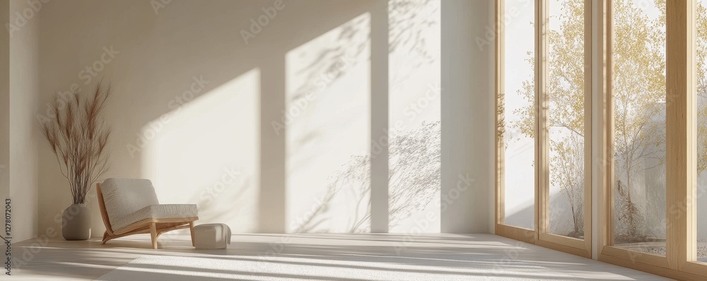 Fototapeta premium Bright and airy white room featuring minimalist Scandinavian interior design and natural light.
