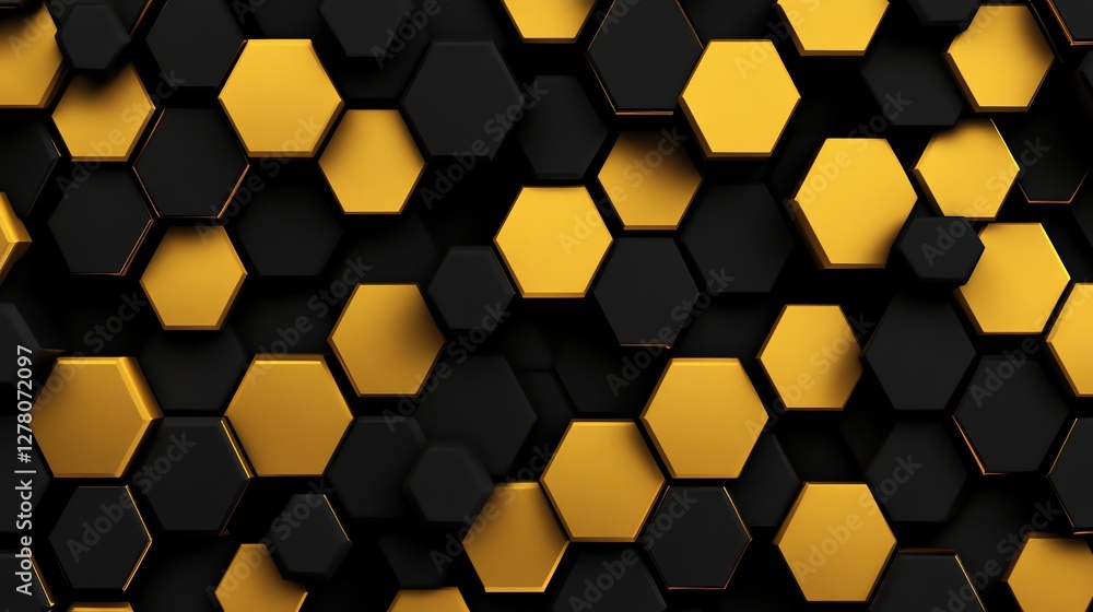 Abstract black 3D render with hexagon patterns and golden lighting. Perfect for tech, science, or sports-themed wallpapers. Hyper-realistic and cinematic. Abstract black 3D render with hexagon patterns and golden lighting. Perfect for tech, science, or sports-themed wallpapers. Hyper-realistic and cinematic.