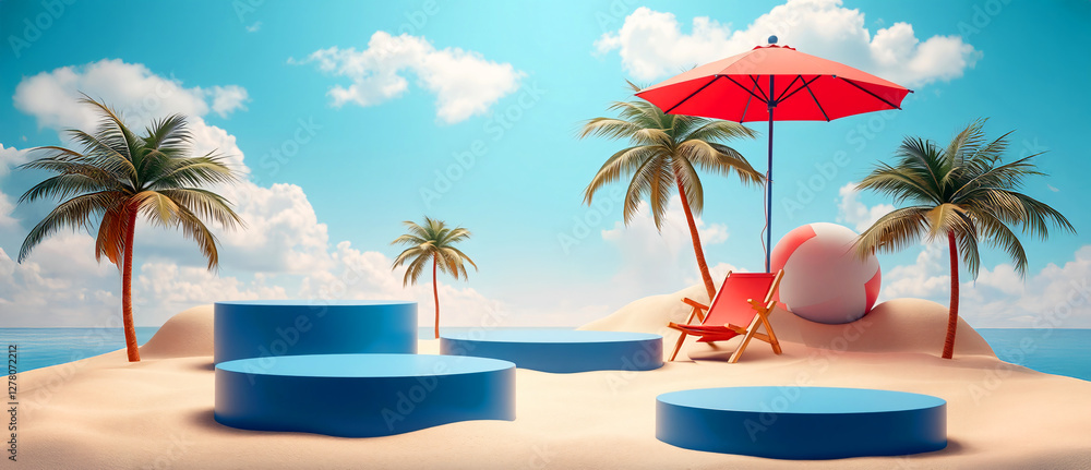 Obraz premium Summer Podium Display with Sand Pile, ball, Coconut Tree, Beach Umbrella, Chair, and Banner on a Cloudy Beach Background.