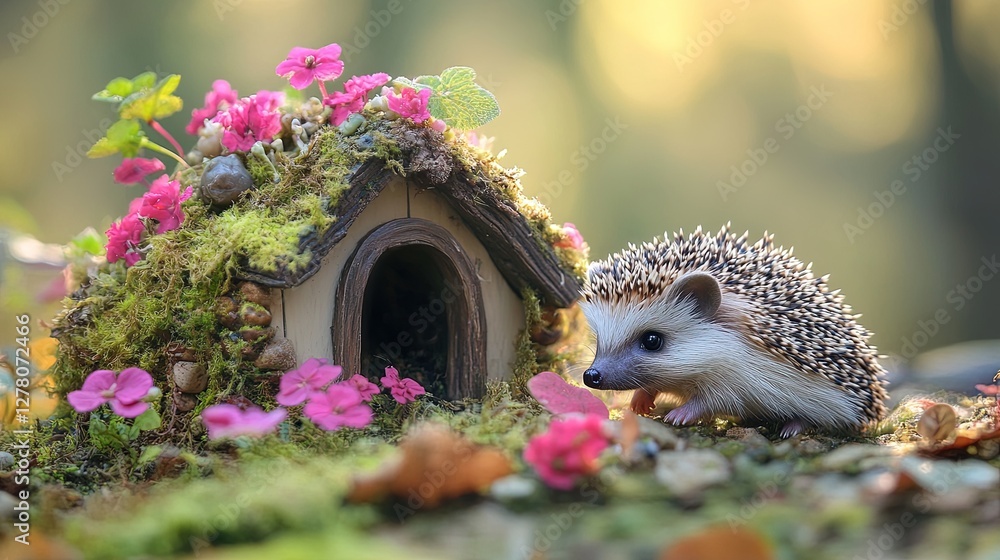 Naklejka premium Cute hedgehog exploring a miniature fairy garden 