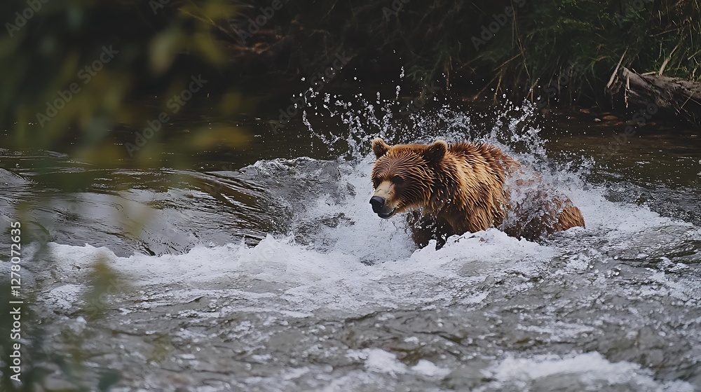 Grizzly Bear Slogging Through River Rapids with Splashing Water Grizzly Bear Slogging Through River Rapids with Splashing Water