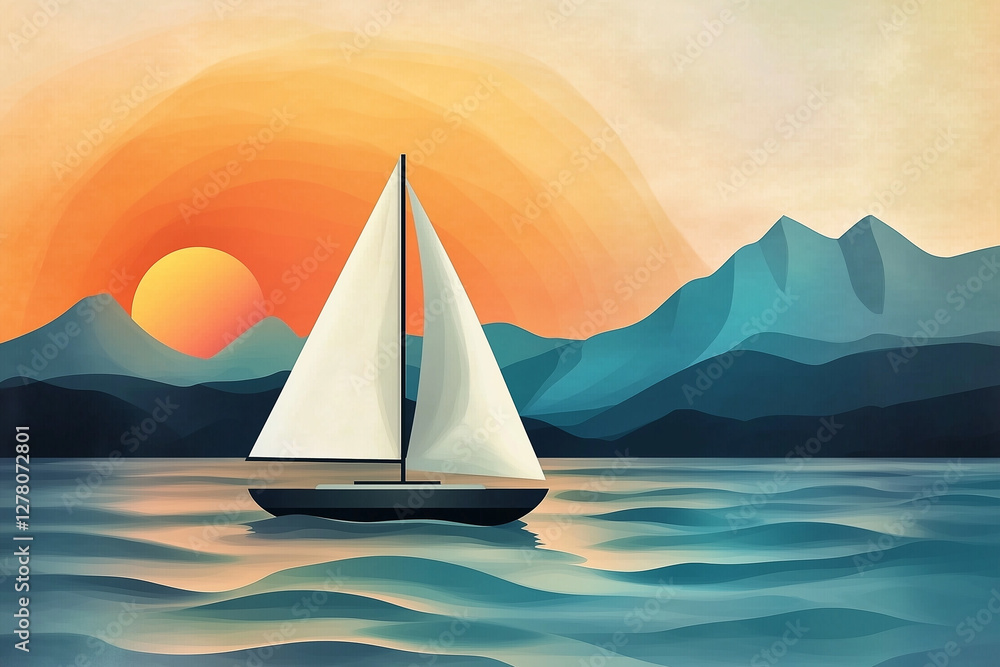 Fototapeta premium Stylized illustration of a sailboat gliding on a calm lake at sunset, with warm orange skies and layered blue mountain silhouettes creating a serene and atmospheric landscape