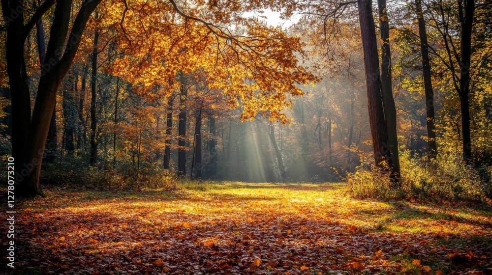 Sunlight shining through the trees in an autumn forest. Sunlight shining through the trees in an autumn forest.