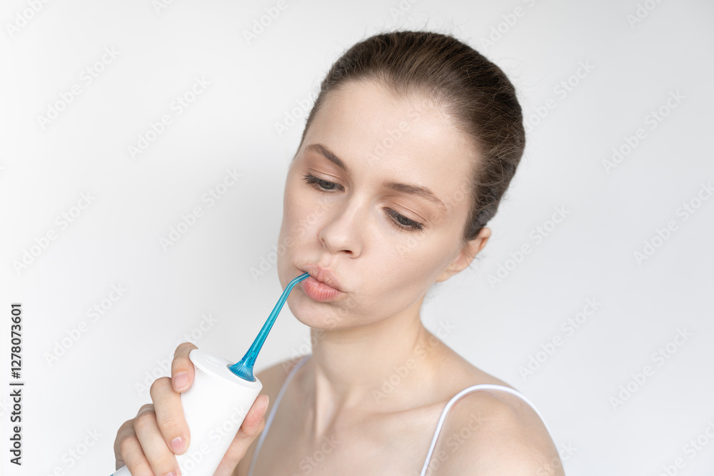 a beautiful young woman with braces uses an oral irrigator, dentist, orthodontist, dental and interdental hygiene, on a white monochrome background, medicine a beautiful young woman with braces uses an oral irrigator, dentist, orthodontist, dental and interdental hygiene, on a white monochrome background, medicine