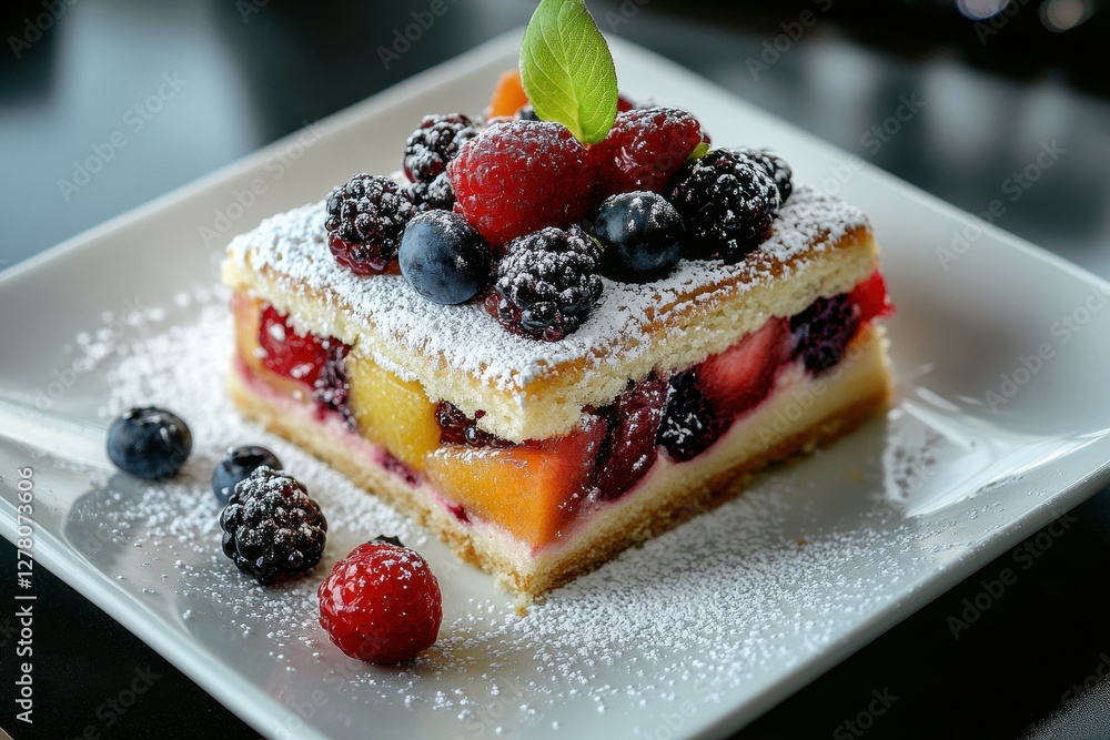Vibrant fruit cake adorned with a delicate dusting of powdered sugar, perfect for festive celebrations. Vibrant fruit cake adorned with a delicate dusting of powdered sugar, perfect for festive celebrations.