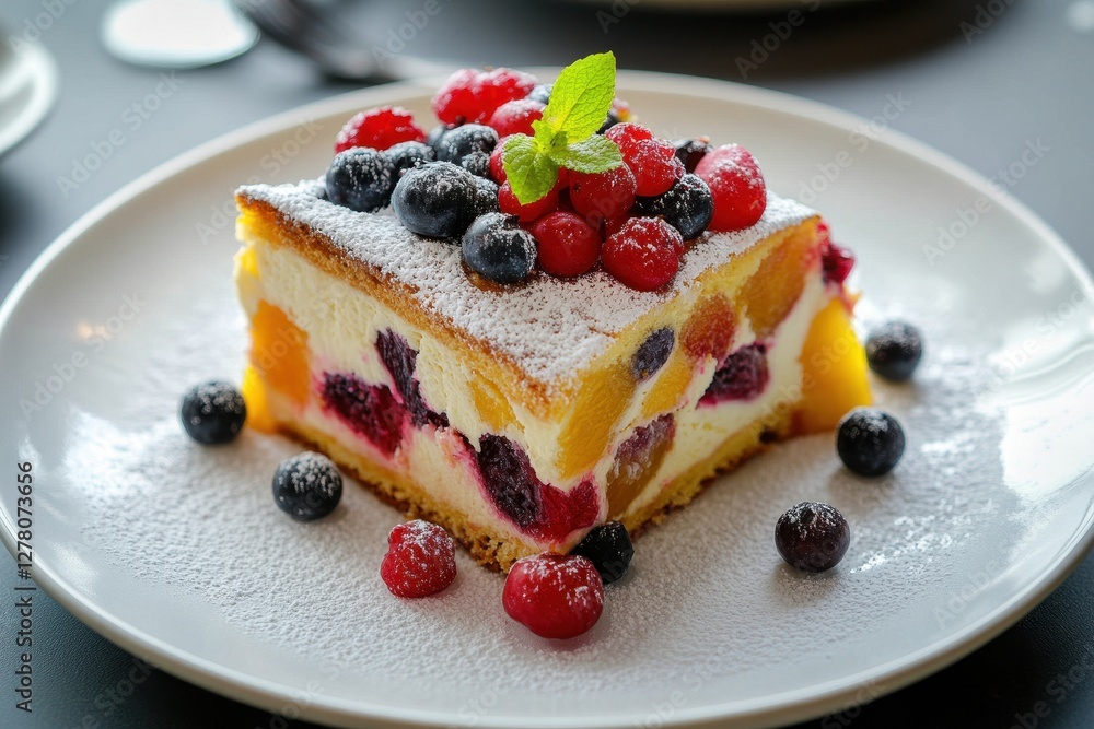Vibrant fruit cake adorned with a delicate dusting of powdered sugar, perfect for festive celebrations.