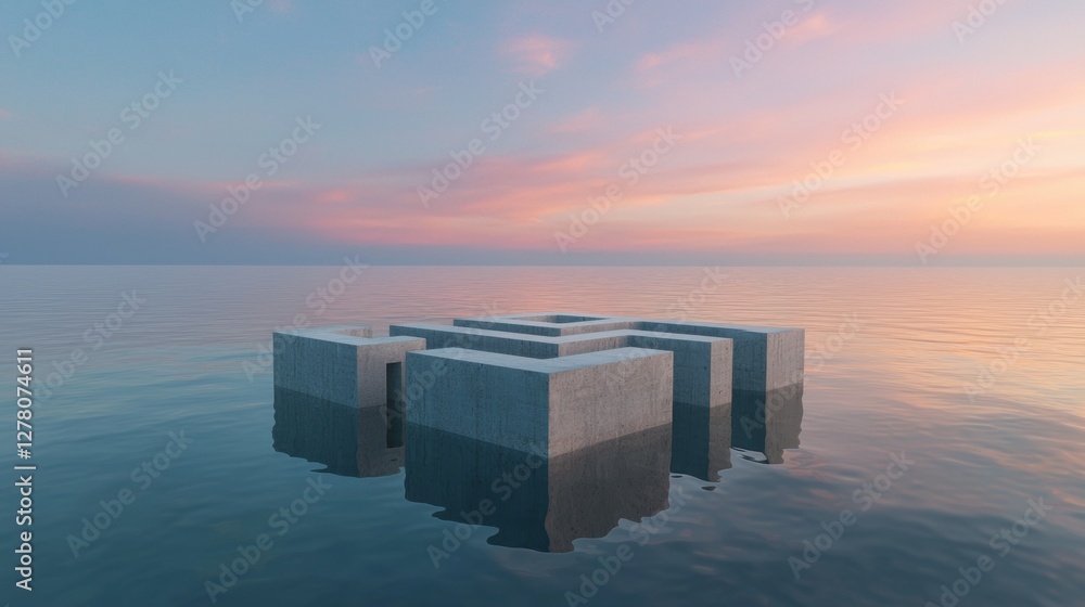 3d rendering of a concrete structure floating in the middle of a body of water. the structure appears to be a maze-like structure with multiple levels and a central point. 3d rendering of a concrete structure floating in the middle of a body of water. the structure appears to be a maze-like structure with multiple levels and a central point.