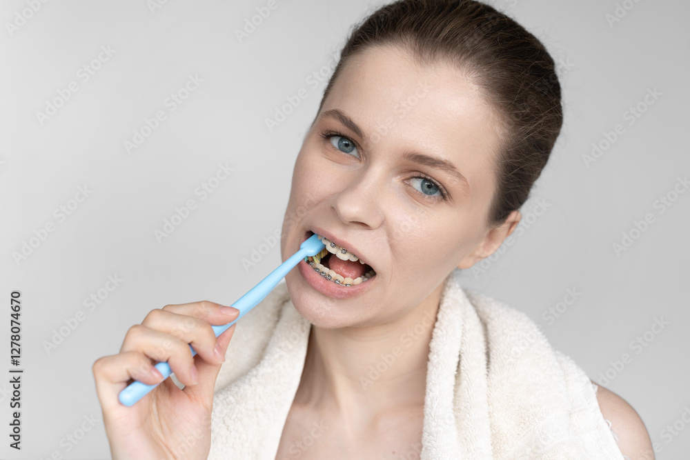 a beautiful young woman with braces uses an teeth brush, dentist, orthodontist, dental and interdental hygiene, on a gray monochrome background, medicine a beautiful young woman with braces uses an teeth brush, dentist, orthodontist, dental and interdental hygiene, on a gray monochrome background, medicine