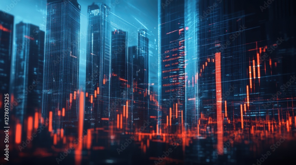 Futuristic skyscraper silhouettes with glowing stock market graphs overlay, symbolizing economic growth and finance. Futuristic skyscraper silhouettes with glowing stock market graphs overlay, symbolizing economic growth and finance.