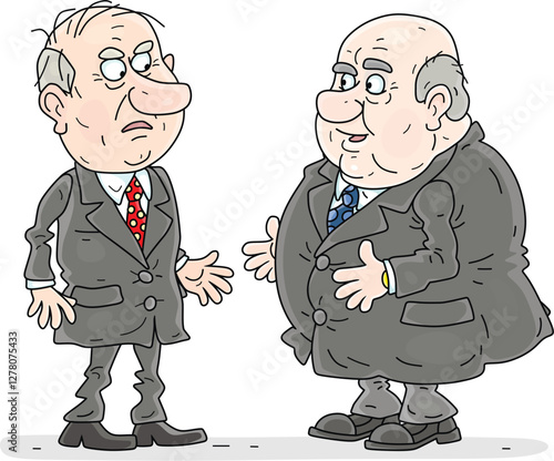 Two government officials, politicians and businessmen talking about different things during their meeting, vector cartoon illustration on a white background