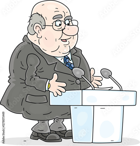 Plump government official, politician or businessman giving his very important speech at a meeting or press conference, vector cartoon illustration on a white background