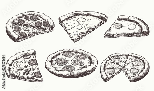 Hand Drawn Italian Pizza Sketches in Engraving Style Vector Illustration Pack