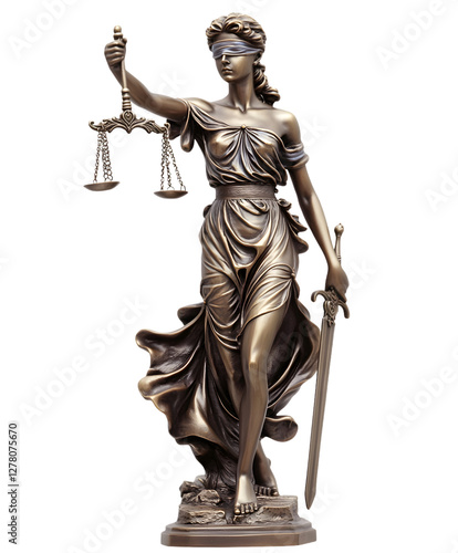 Bronze statue of Lady Justice holding scales and sword, isolated on white background