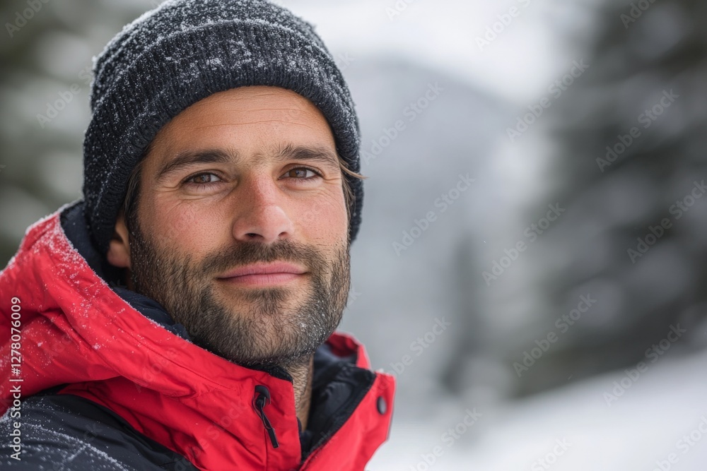 Man with a beard wearing a red winter jacket and a gray beanie smiles in a snowy mountain setting during winter Man with a beard wearing a red winter jacket and a gray beanie smiles in a snowy mountain setting during winter