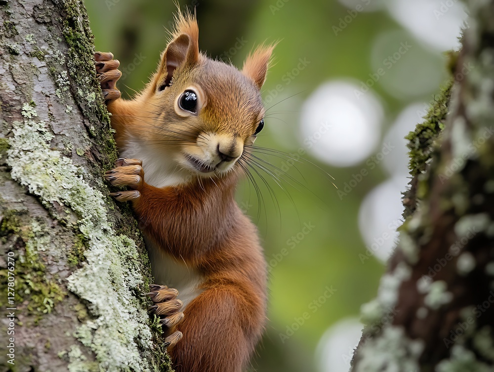 Red Squirrel on Tree Trunk, Forest Background Red Squirrel on Tree Trunk, Forest Background