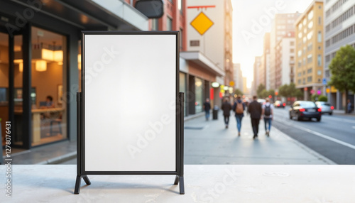 Wallpaper Mural A vertical outdoor banner mockup displayed on a sidewalk in a bustling urban environment. The blank banner is framed by modern architecture and pedestrians Torontodigital.ca