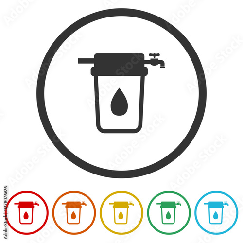 Water filter icon. Set icons in color circle buttons