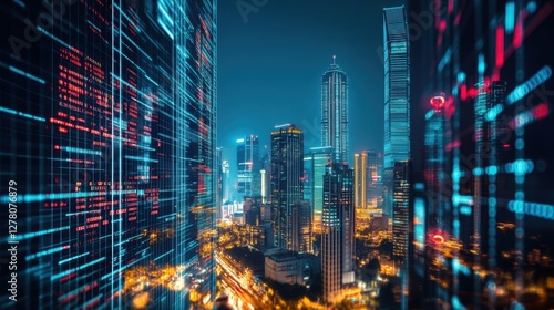 Wallpaper Mural Global financial center with illuminated skyscrapers and dynamic stock trading data projections. Torontodigital.ca