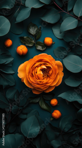 Orange rose in bloom surrounded by small buds, deep teal backdrop. photo