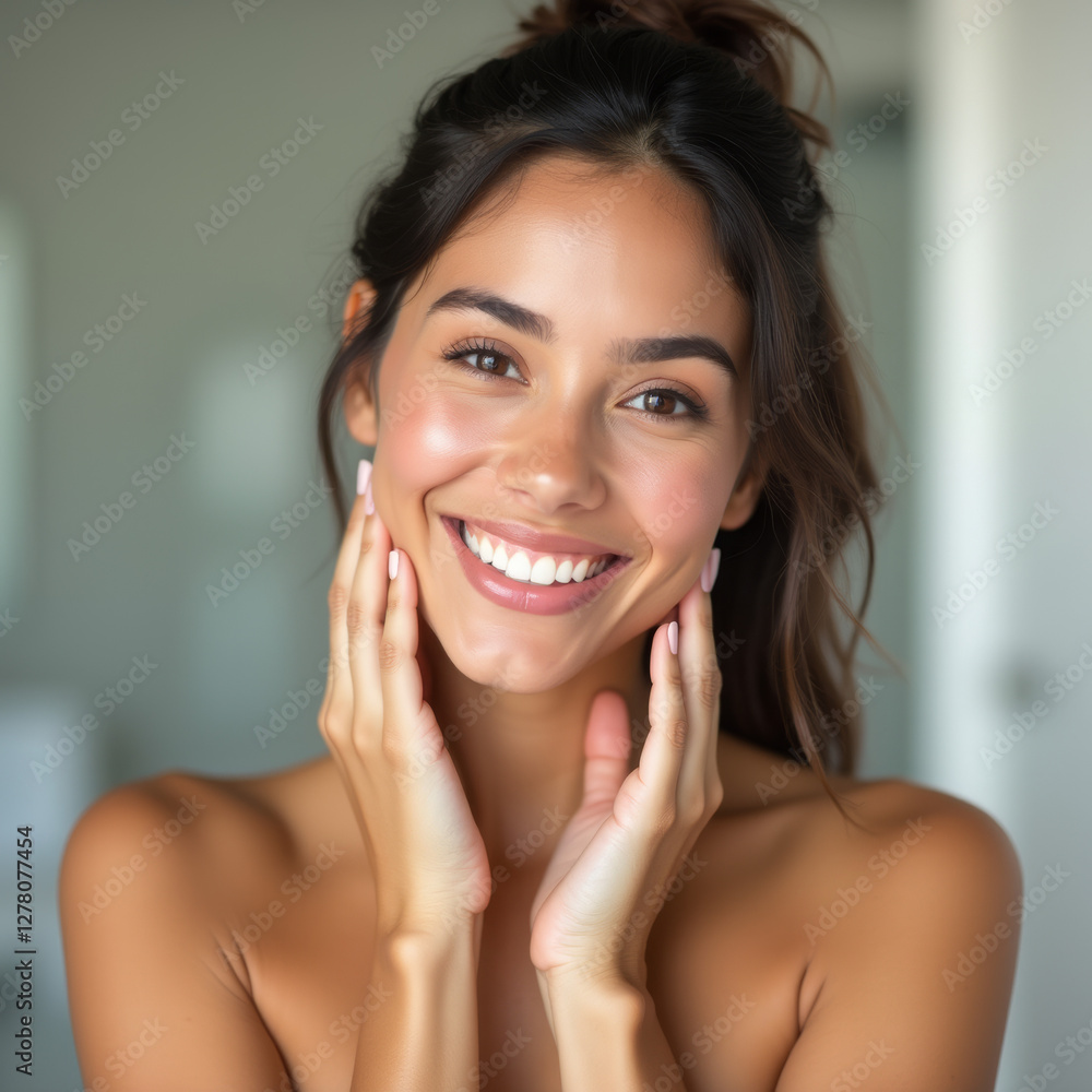 Happy young woman with radiant skin touching her face – Natural beauty, skincare, and self-care concept Happy young woman with radiant skin touching her face – Natural beauty, skincare, and self-care concept
