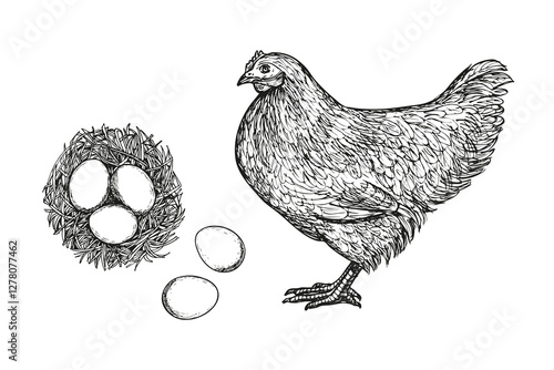 Hen with eggs sketch outline illustration. Farm chicken doodle drawing in engraving style. Hand drawn vector line art clipart isolated on a white background