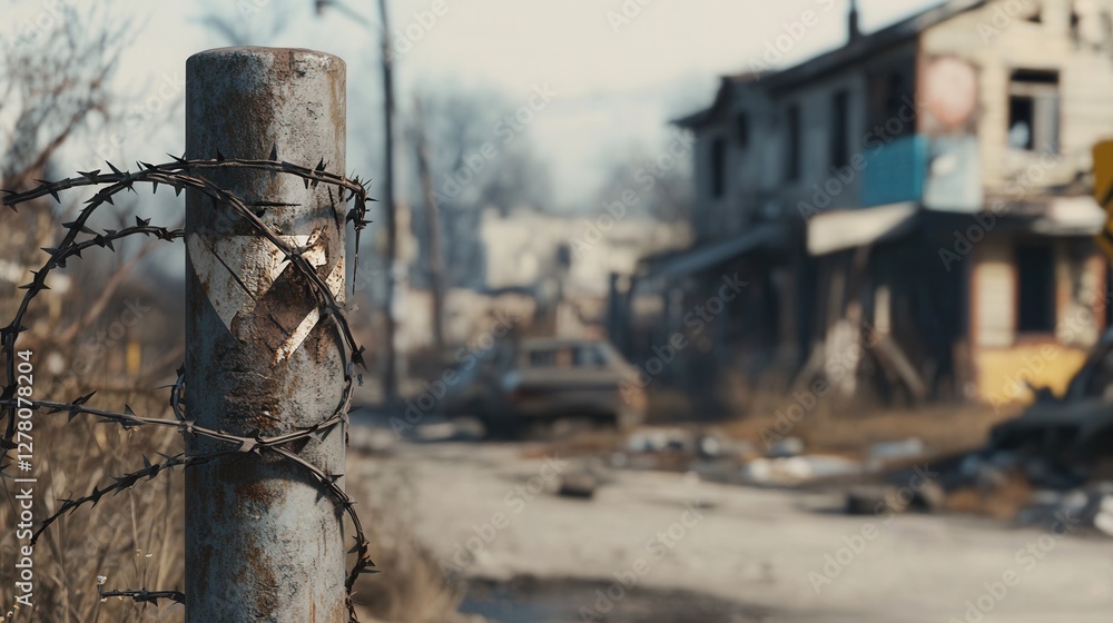 Tattered barbed wire near ruins in a minimalistic war landscape. Generative AI Tattered barbed wire near ruins in a minimalistic war landscape. Generative AI