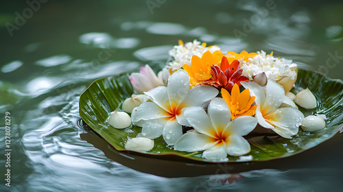 Serene floral arrangement on water, vibrant lilies and blossoms floating gracefully, tranquil nature setting, perfect for relaxation themes.