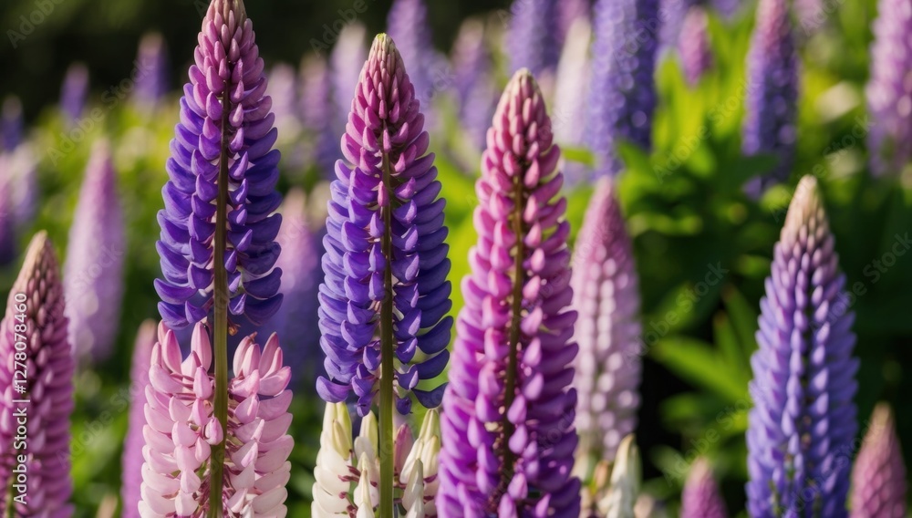A field of vibrant lupine flowers in various shades of purple, pink, and white. The flowers are densely clustered, with many different shades of colour ranging from light pink and white to deep purple A field of vibrant lupine flowers in various shades of purple, pink, and white. The flowers are densely clustered, with many different shades of colour ranging from light pink and white to deep purple