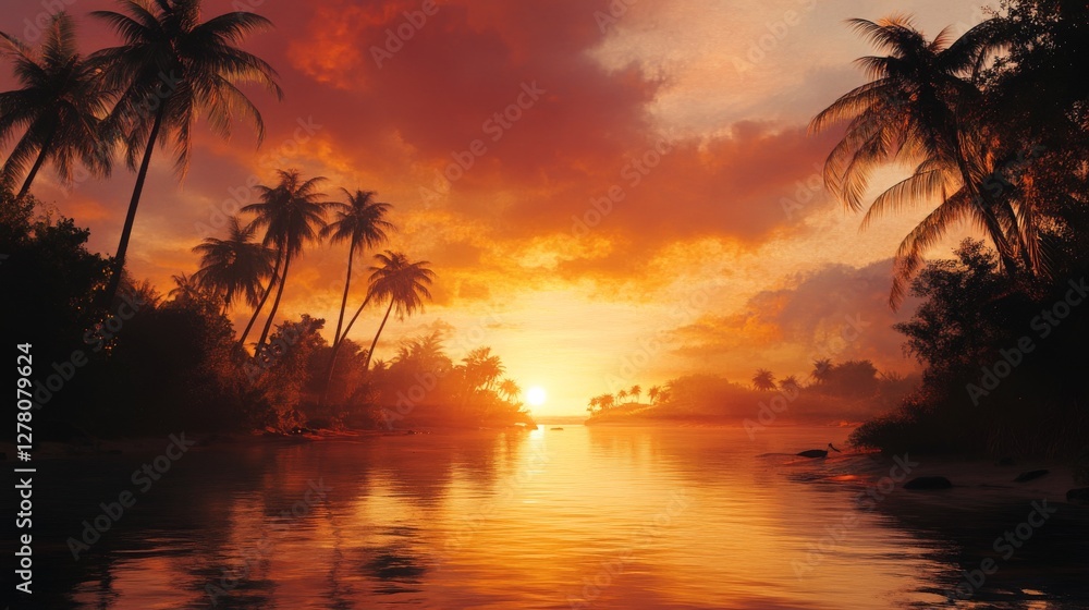 Obraz premium Beautiful sunset over a tropical river with palm trees silhouetted in the foreground
