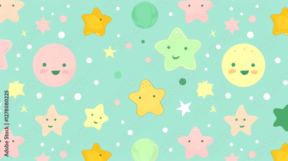 Fototapeta premium Cute cartoon stars, circles, and moons pattern on teal background