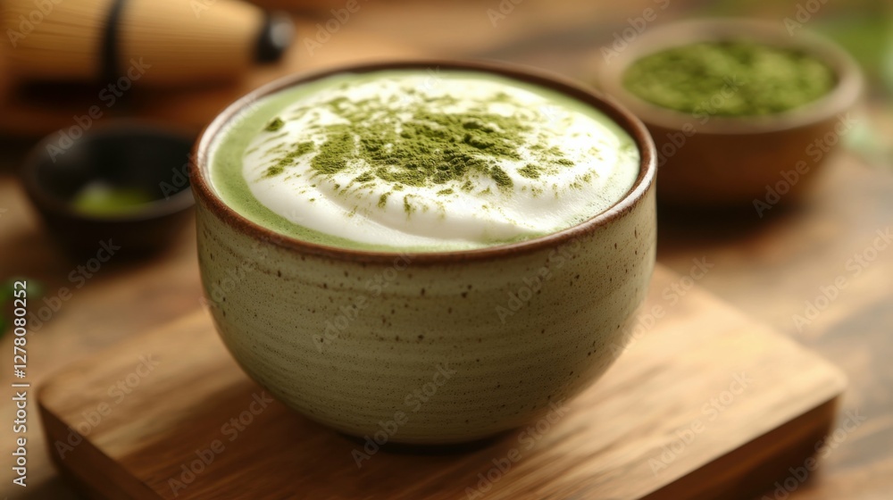 Ceramic matcha latte bowl with frothy green tea, placed on a wooden surface with blurred Japanese tea tools in the background. Ceramic matcha latte bowl with frothy green tea, placed on a wooden surface with blurred Japanese tea tools in the background.