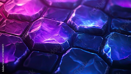 Hexagonal stone surface glows with vibrant purple and blue light photo