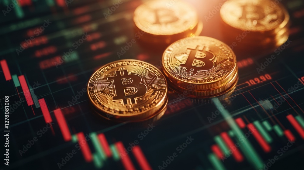 Golden coins and a financial market candlestick chart, symbolizing gold trading and economic stability. Golden coins and a financial market candlestick chart, symbolizing gold trading and economic stability.