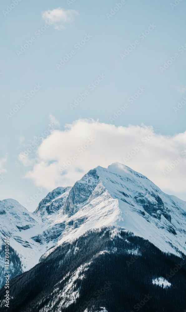 Snow-Capped Mountain Peak against a Light Blue Sky with Cloud Formations on a Winter Day, Natural Beauty Snow-Capped Mountain Peak against a Light Blue Sky with Cloud Formations on a Winter Day, Natural Beauty