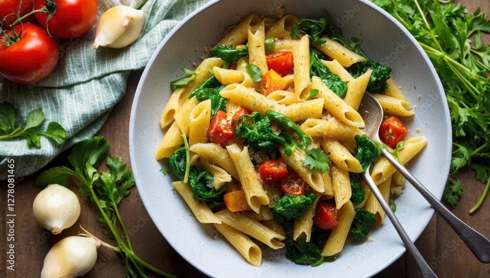 A Penne pasta with broccoli, peas, cherry tomatoes, and parmesan cheese, rustic and appetizing A Penne pasta with broccoli, peas, cherry tomatoes, and parmesan cheese, rustic and appetizing